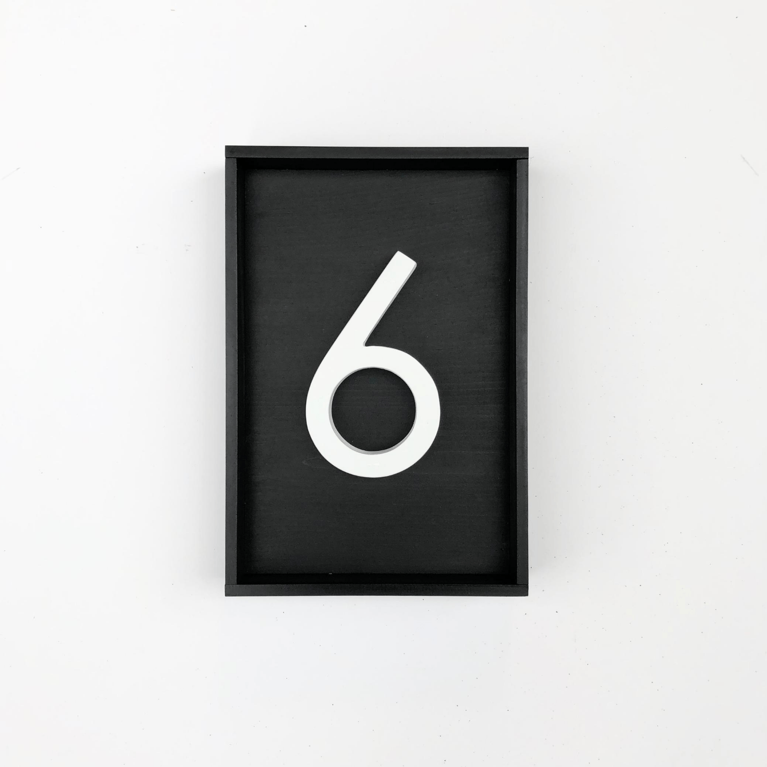 Wood address sign with black base with 1 modern white PVC number 
