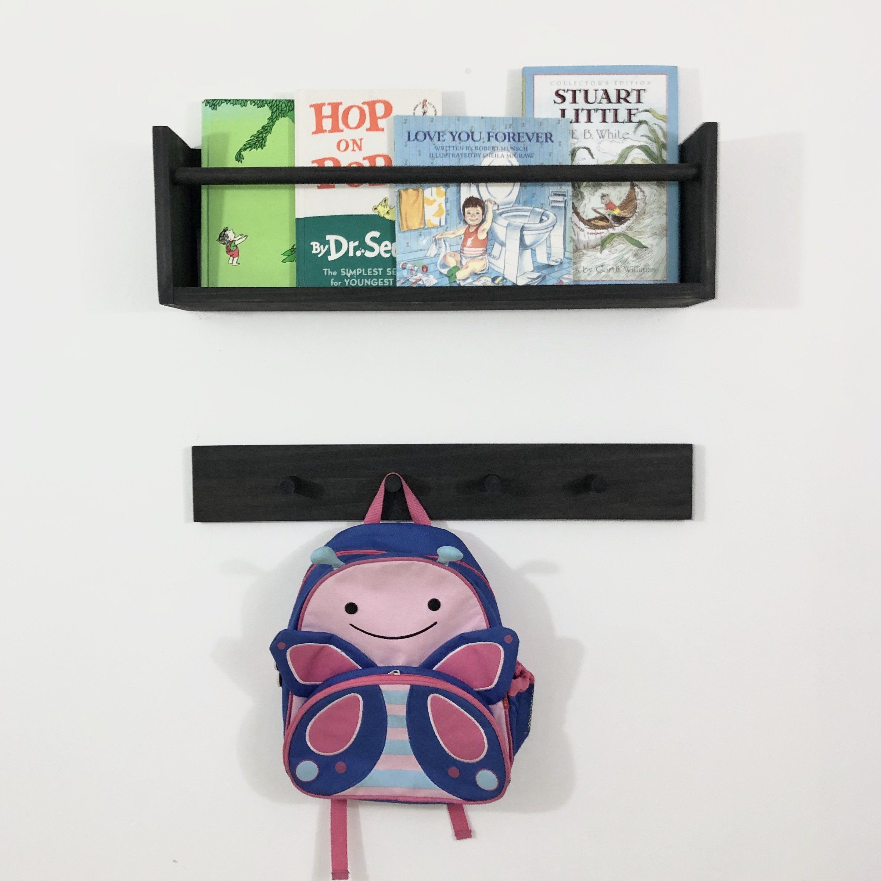Ebony Shelf & Peg Rack: 24" Project Pine Designs Peg Rack + Bookshelf SET 