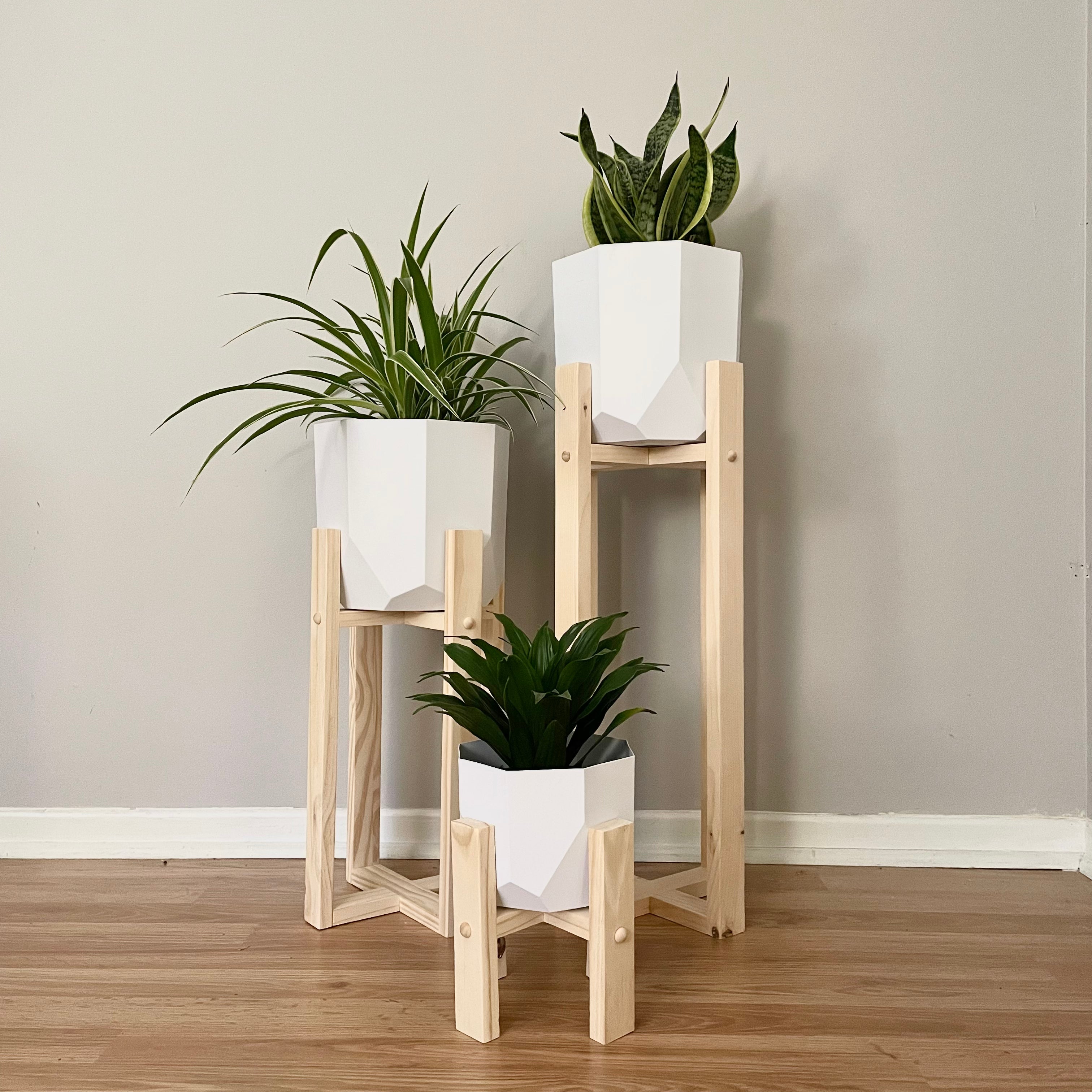 MIX & MATCH: Natural Pine Plant Stands Project Pine Designs SM + MED + LG Plant Stand + 3 Plant Pots 